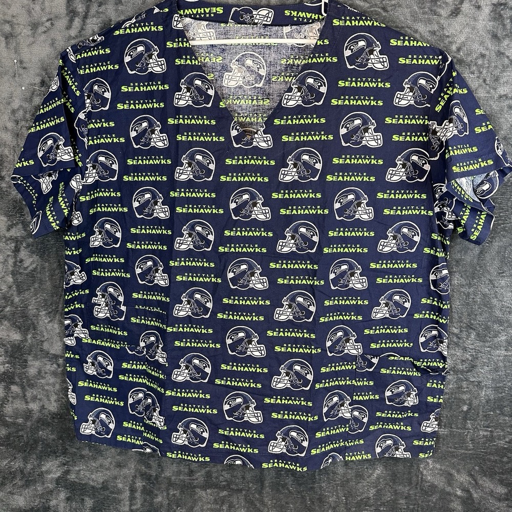 Seattle Seahawks 2XL Scrub Top Women's NFL V Neck Blue Green Logo Short Sleeve